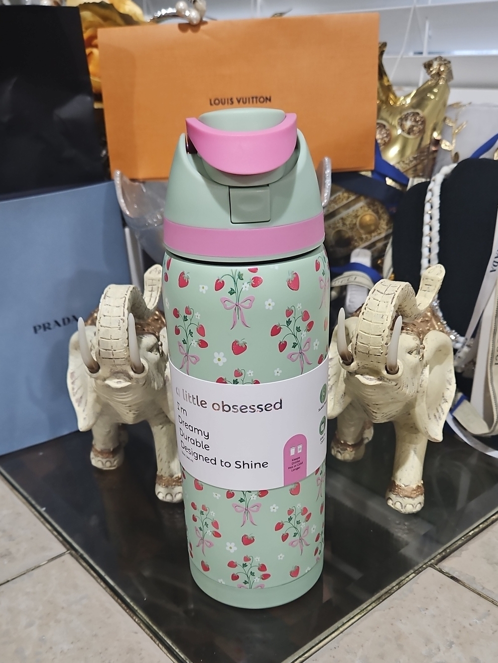 NWT! a little obsessed Strawberry Print Double Stainless 32 oz. Water Bottle